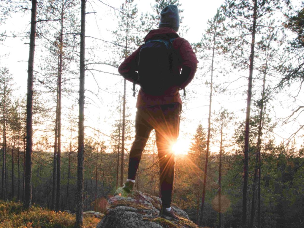 ihminen seisoo metsässä selkäpäin kiven päällä, katselee auringonlaskua
