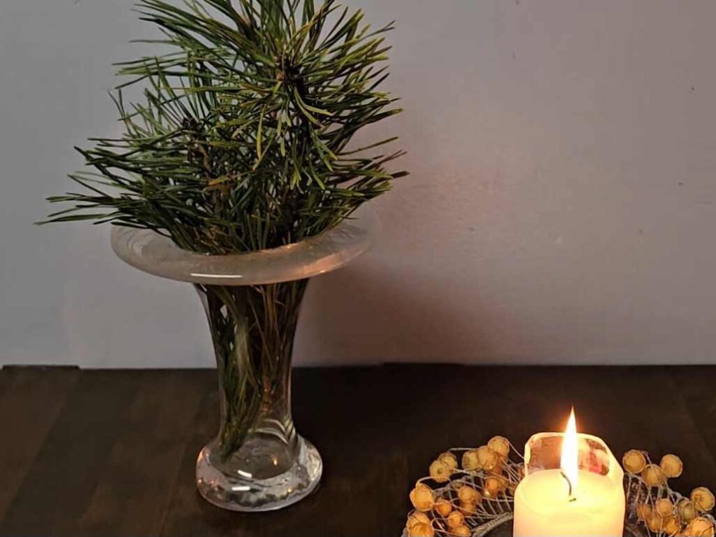 männynoksia maljakossa ja kynttilä koristelu pöydällä
